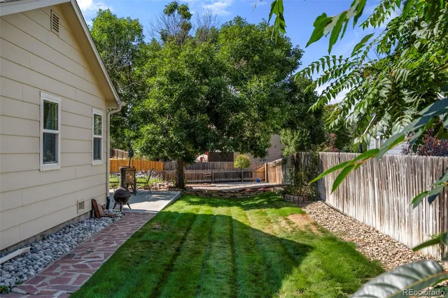 a view of a backyard with a small cabin