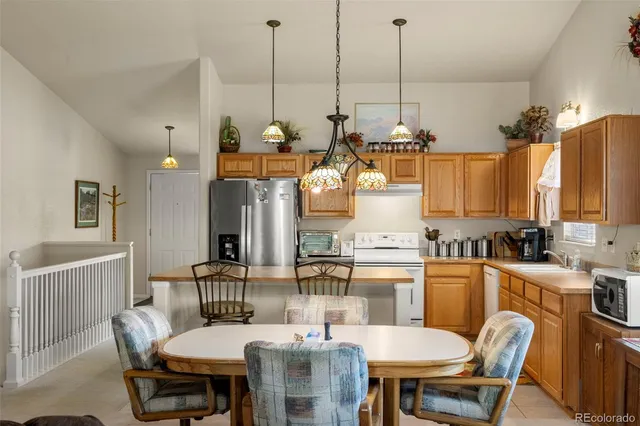 a view of a dining room and furniture