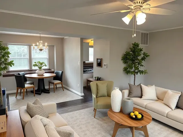 a living room with furniture a chandelier and a window