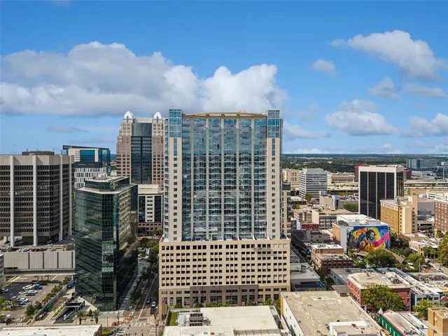 a city view with tall buildings