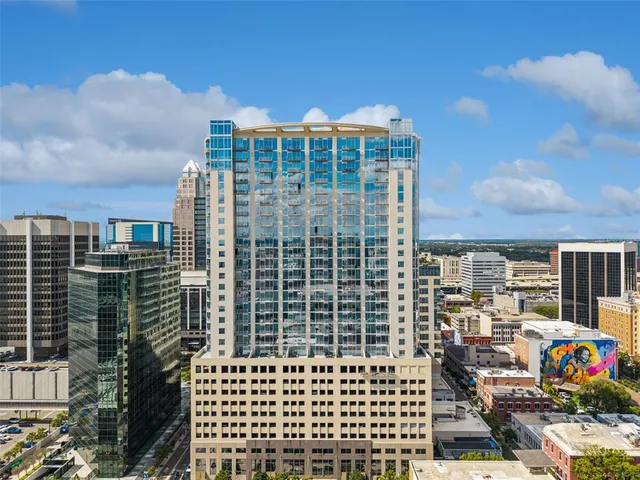 a city view with tall buildings