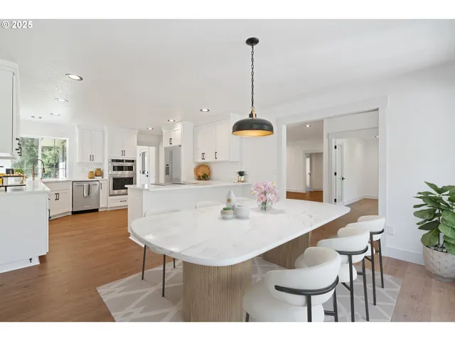 a view of kitchen island with cabinets and wooden floor