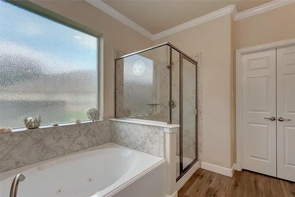 a bathroom with a bathtub and a shower