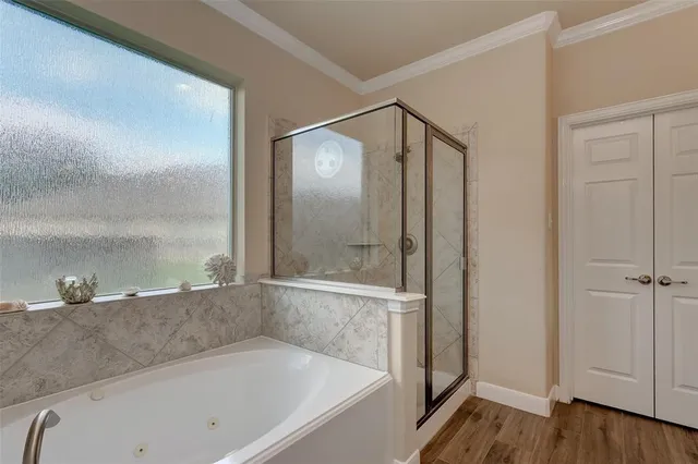 a bathroom with a bathtub and a shower