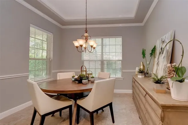 a view of a dining room with furniture window and outside view