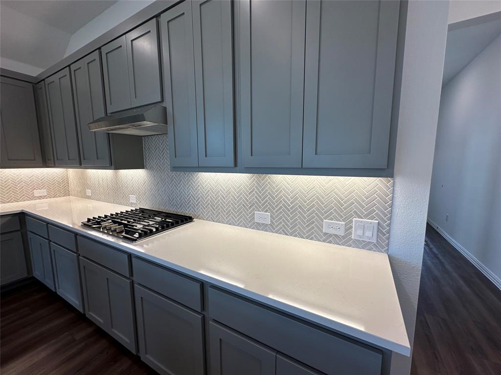 3401 Paintbrush Path Melissa, TX 75454 - Photo 20 of 39 Kitchen with dark wood-style flooring, backsplash, and gray cabinetry