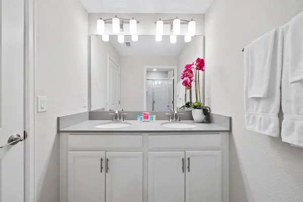 a bathroom with a sink vanity and a mirror