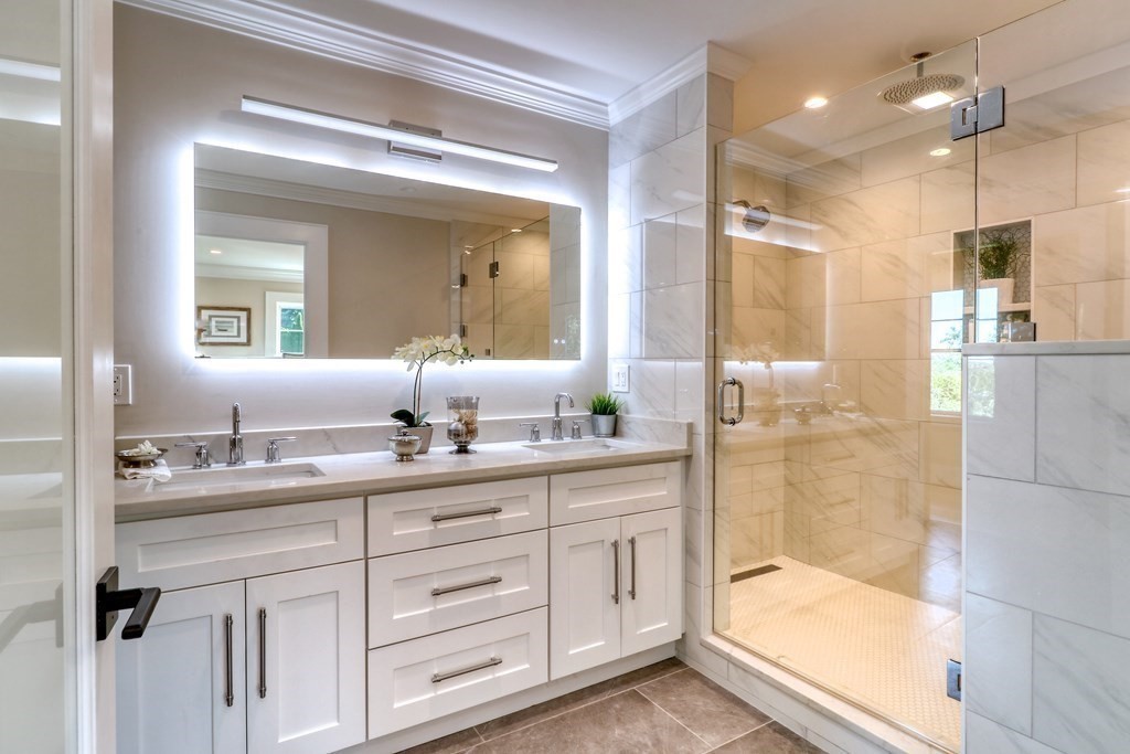 3 Links Road, Unit B Gloucester, MA 01930 - Photo 8 of 21 a bathroom with a double vanity sink mirror and shower