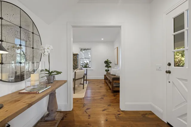 a living room with furniture and a potted plant