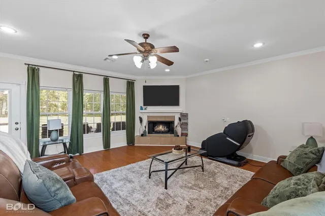 a living room with furniture a fireplace and a floor to ceiling window