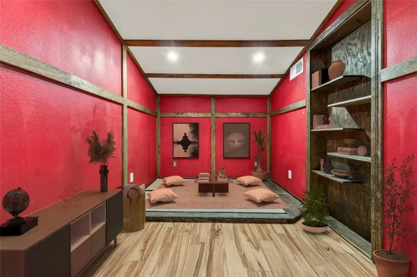 a view of a dining room with furniture