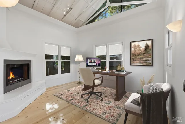 a living room with furniture a window and a fireplace