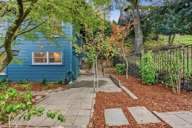 a view of backyard with outdoor seating and plants