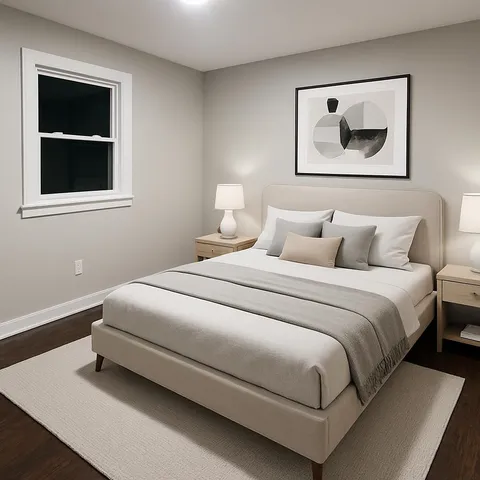 a bedroom with a bed and a painting on the wall