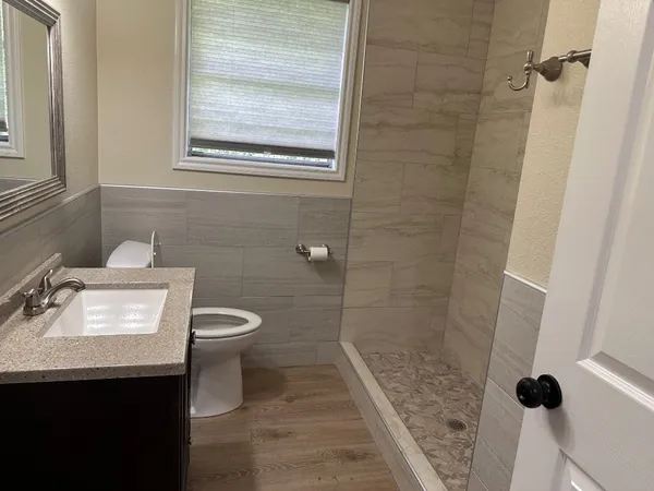 a bathroom with a toilet a sink and mirror