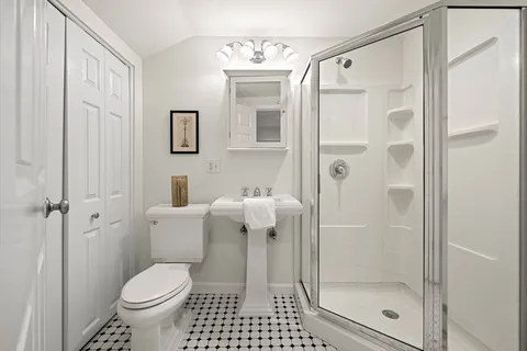 a bathroom with a shower a toilet and a sink