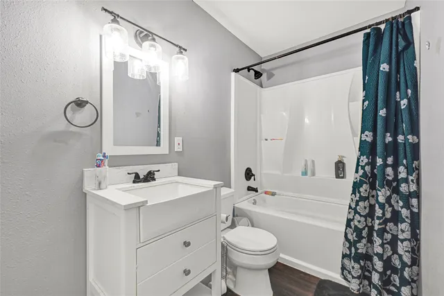 a bathroom with a sink toilet a mirror a vanity and shower