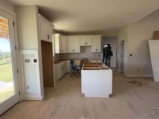 a workspace with a cabinet