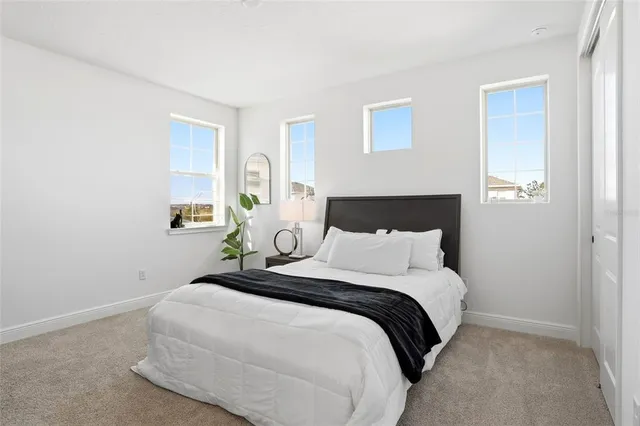 a bedroom with a large bed and a window