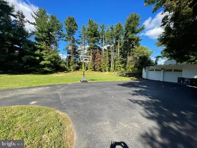 a view of a large pool with a yard