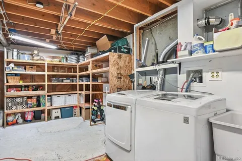 a view of a storage & utility room with racks a book shelf