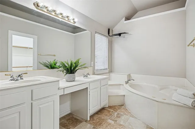 a bathroom with a bathtub a sink and mirror