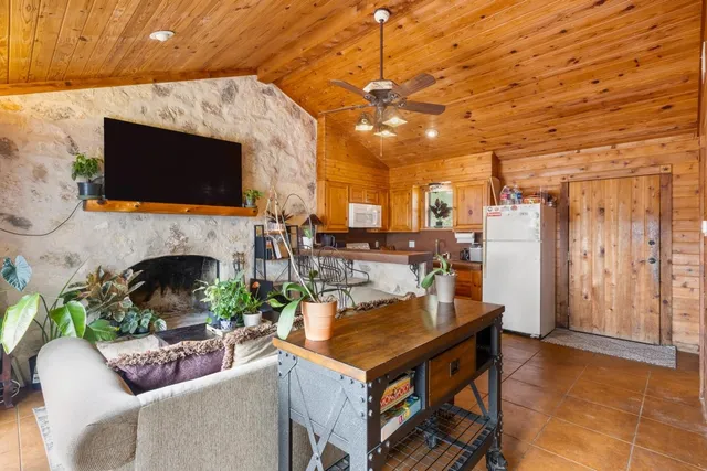 a living room with furniture a flat screen tv and a fireplace