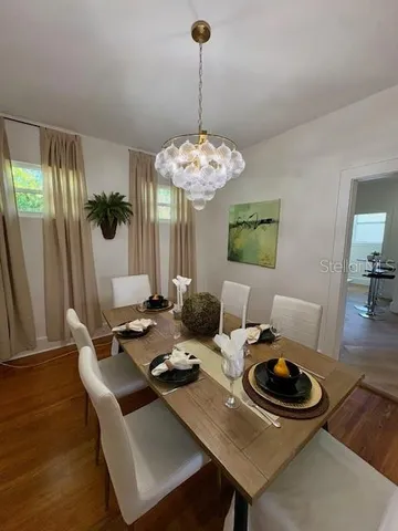 a view of a dining room furniture and wooden floor