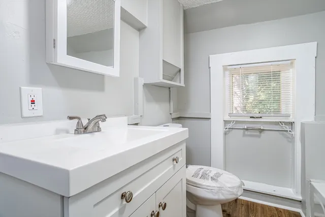 a bathroom with a sink toilet vanity and a mirror