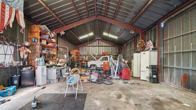 a view of a storage room with racks