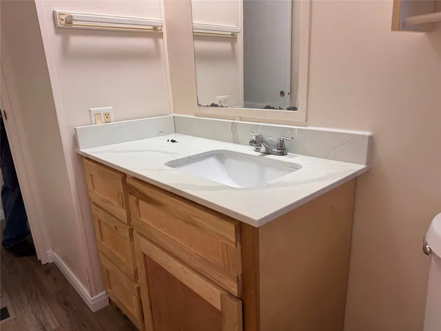 a bathroom with a sink and a mirror
