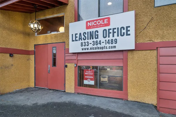 a view of a blue and white house