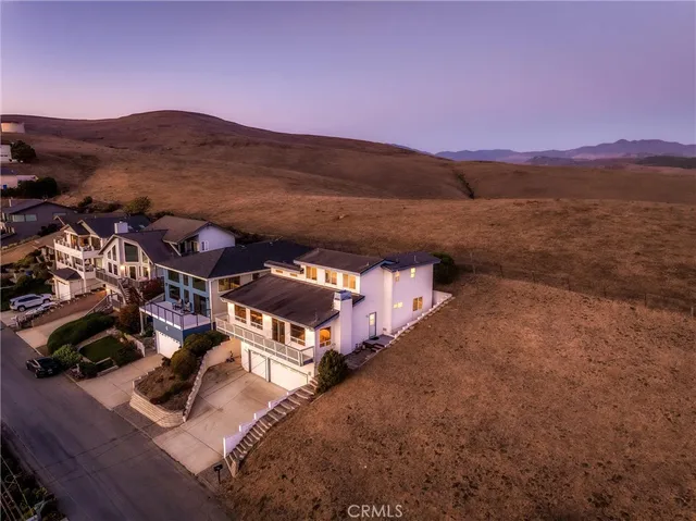 an aerial view of houses with a city