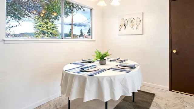 a view of a dining area with furniture and window