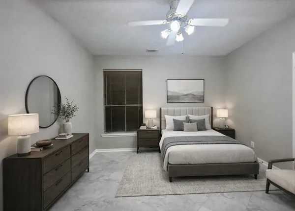 a bed room with a bed and a dresser