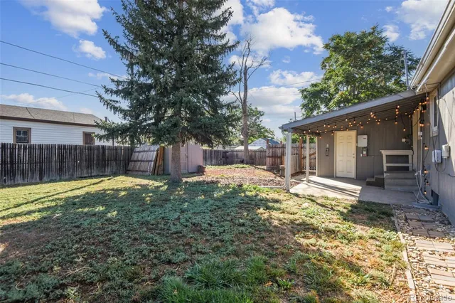 a view of a backyard with a stove and large tree