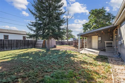 a view of a backyard with a stove and large tree