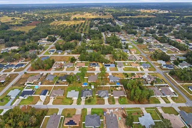 an aerial view of residential house with outdoor space and swimming pool