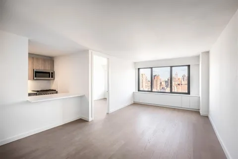a view of kitchen with stainless steel appliances wooden floor and window