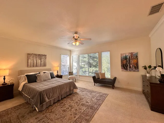 a bedroom with a large bed couch and a window