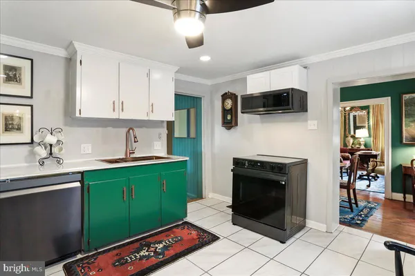 a kitchen with green cabinets sink and stainless steel appliances
