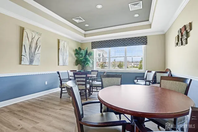 a view of a dining room with furniture
