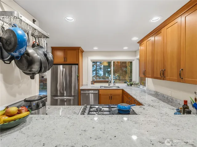 a kitchen with stainless steel appliances granite countertop a sink and a refrigerator