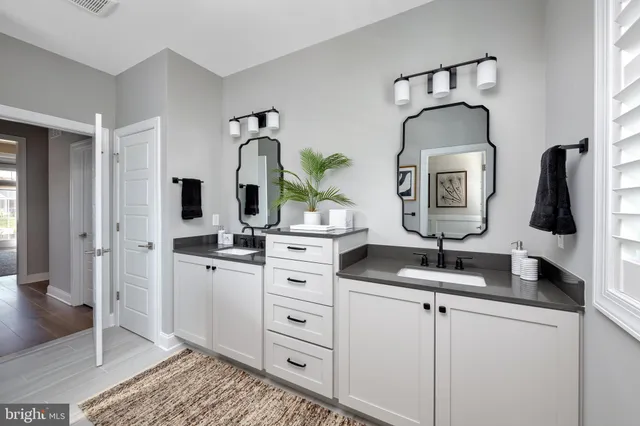 a bathroom with double vanity sink and a mirror