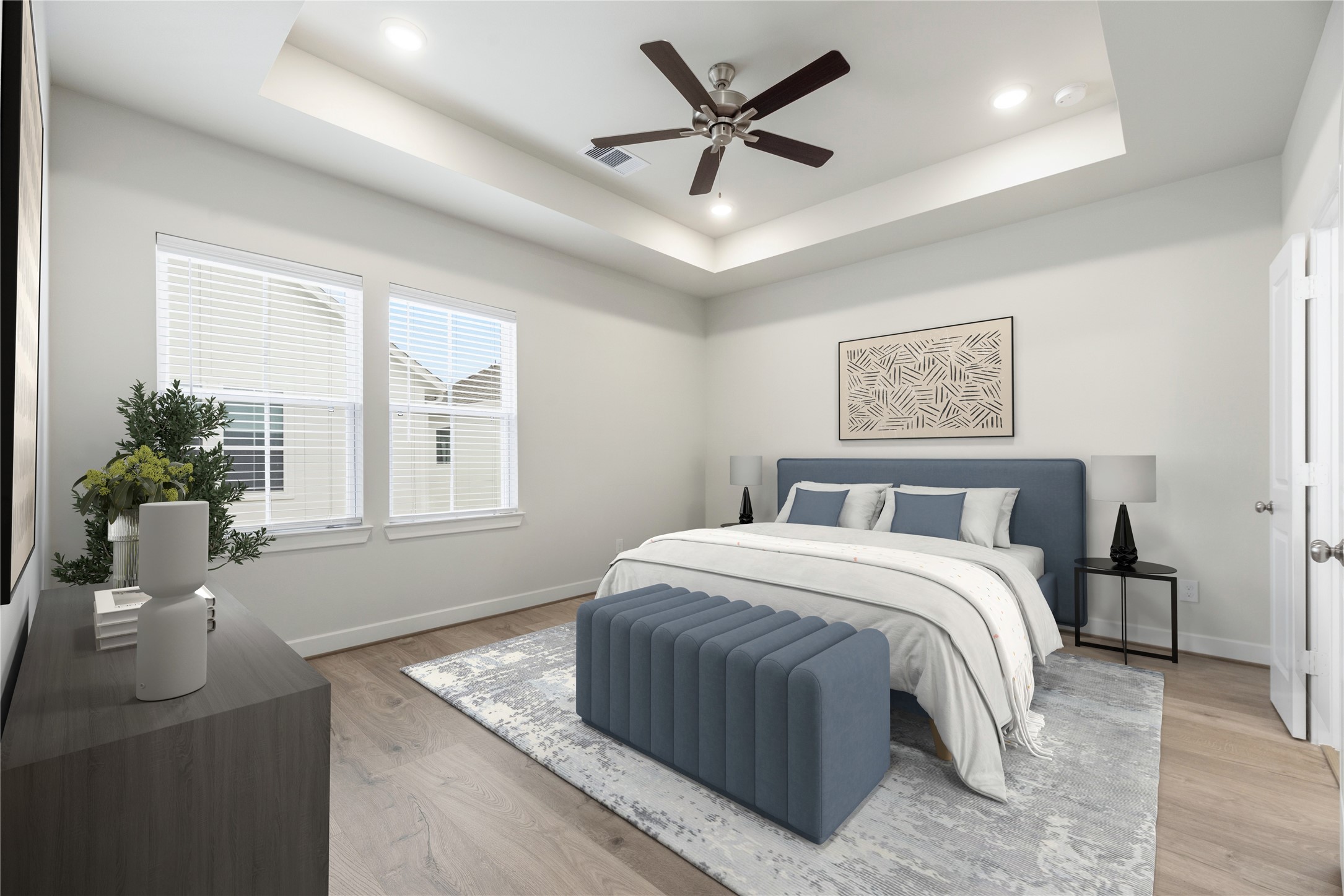 3075 Hicks Street Houston, TX 77007 - Photo 20 of 34 a bedroom with a large bed chandelier and a window