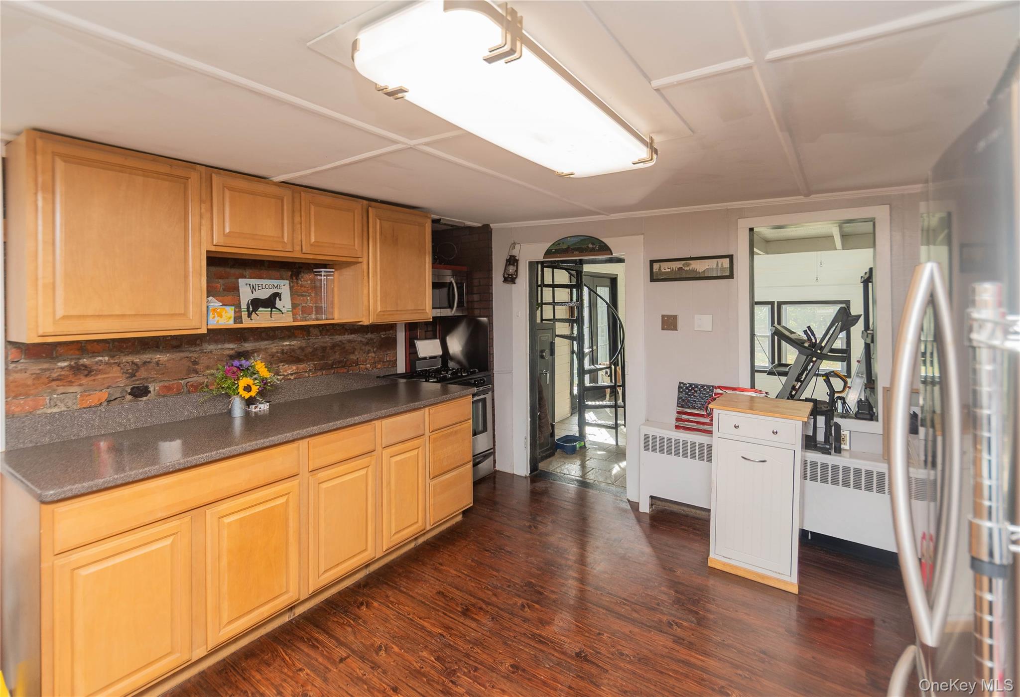 269 Orchard Road Highland, NY 12528 - Photo 7 of 24 Kitchen featuring backsplash, stainless steel appliances, dark wood-style flooring, and radiator heating unit