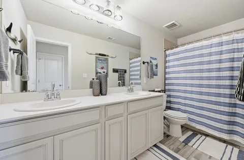 a bathroom with a shower sink and mirror