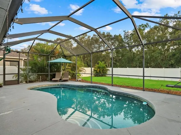 a view of a backyard with swimming pool