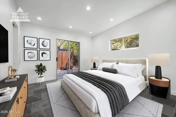 an empty room with a bathroom