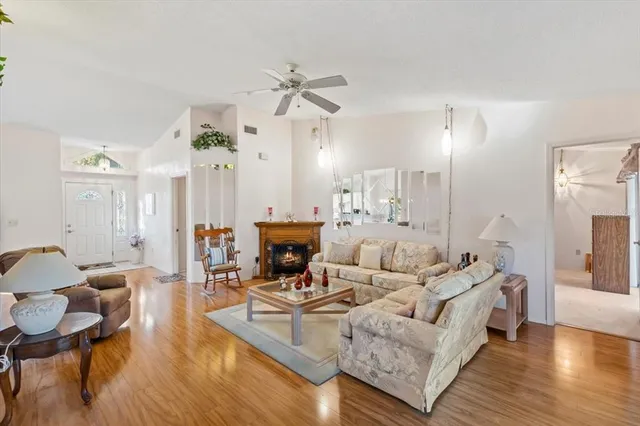 a view of a lake with a yard